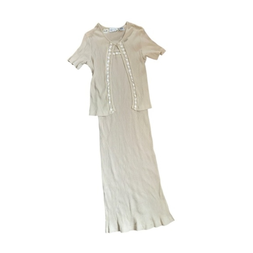 90s VTG Ribbed Ankle length dress w/ attached cardigan and embroidered flowers L